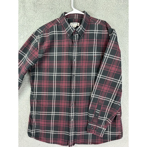 Orvis Shirt Mens Large Black Red Plaid Flannel Button Down Classic Cotton Casual